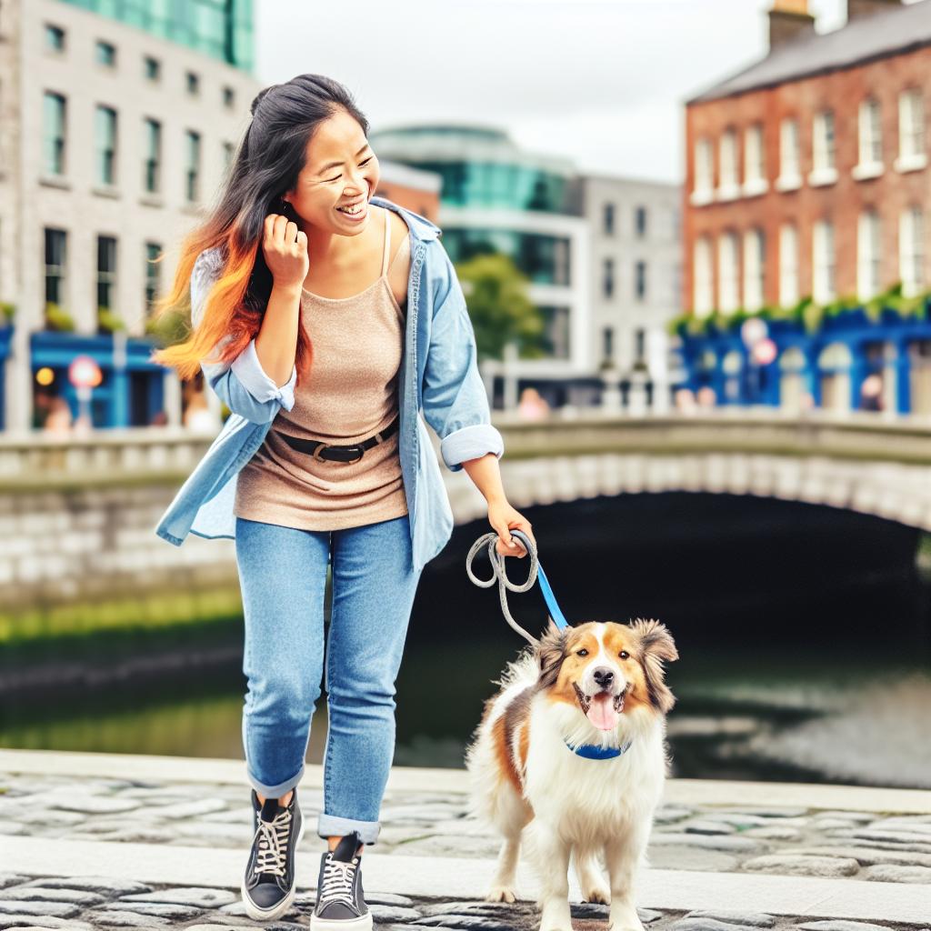 Happy Asian Woman with Dog in Dublin City