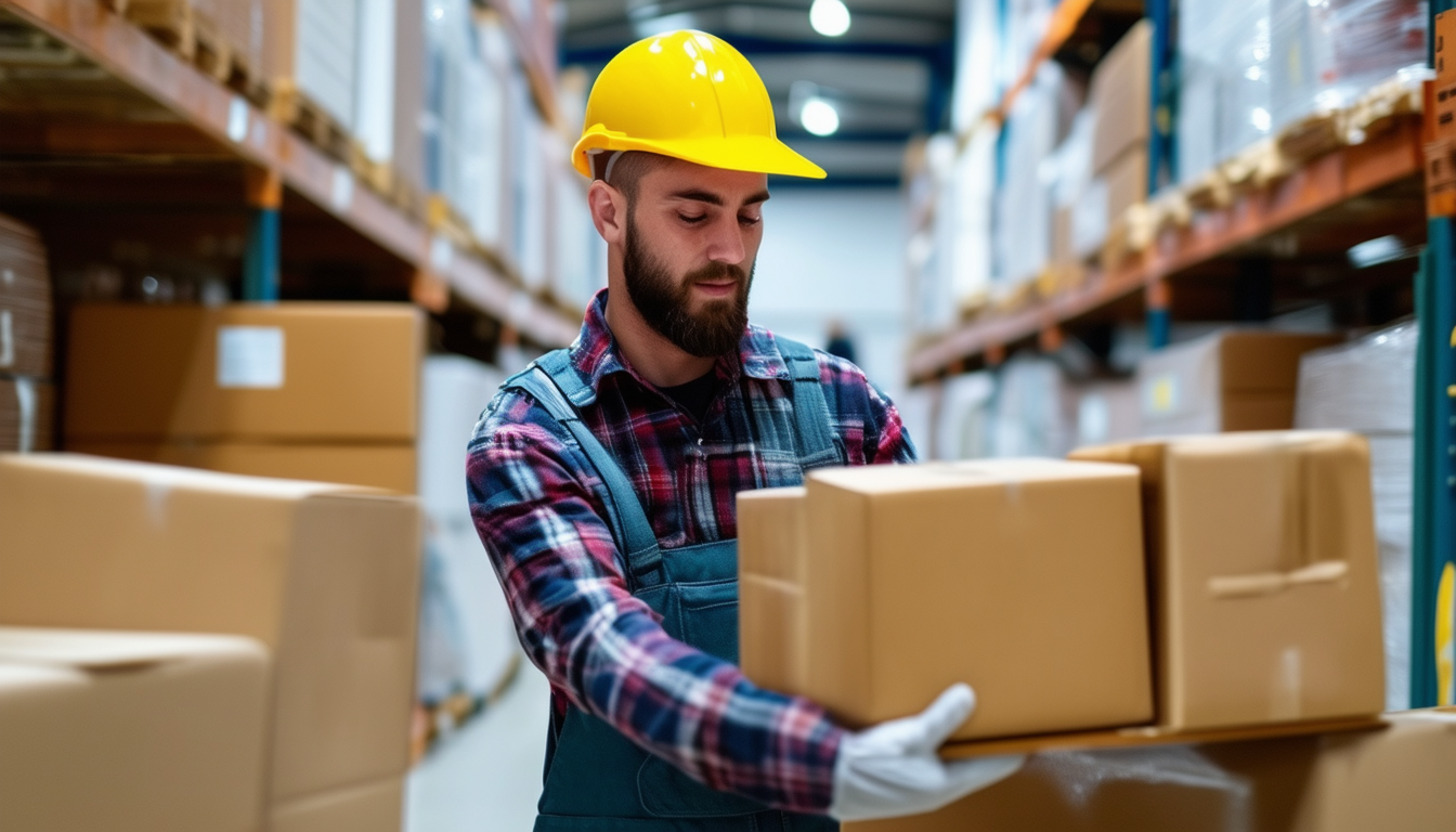 A warehouse worker efficiently organizing packages